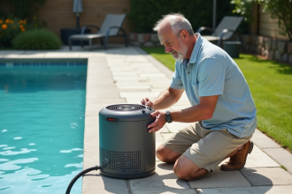 Homme d'âge moyen ajustant un chauffage de piscine extérieur