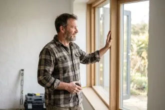Homme examinant une fenêtre en bois dans un salon moderne