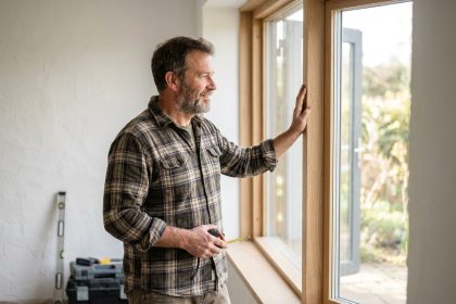 Homme examinant une fenêtre en bois dans un salon moderne