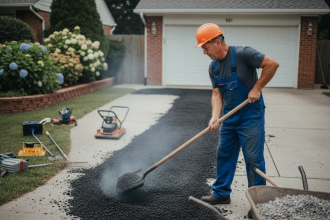 Homme en salopette posant de l'asphalte neuf devant une maison