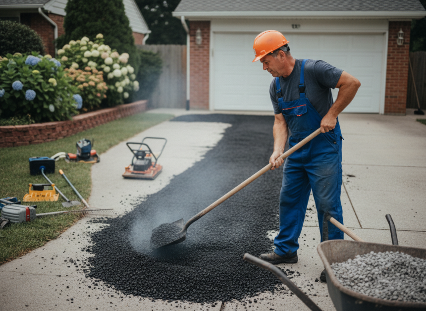 Homme en salopette posant de l'asphalte neuf devant une maison