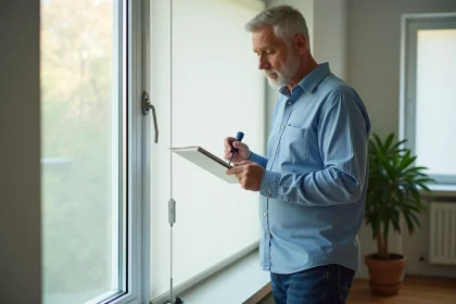 Homme inspectant un volet roulant avec manuel et tournevis