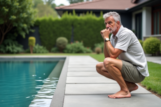 Homme d'âge moyen contemplant la piscine dans un jardin moderne