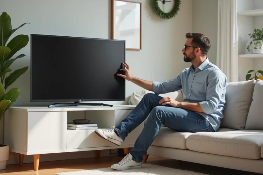 Homme d'âge moyen ajustant une télévision dans un salon cosy