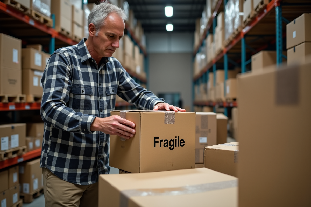 Homme scellant un carton fragile dans un entrepôt