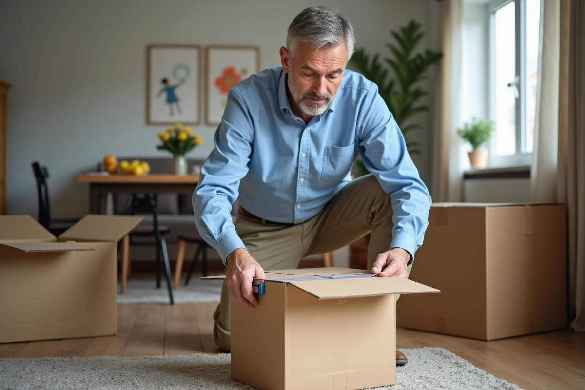 Homme scotchant une boîte de déménagement dans le salon
