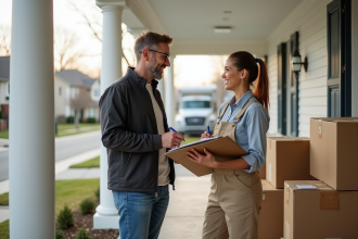 Homme d'âge moyen signant des papiers avec une déménageuse