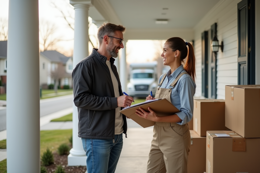 Homme d'âge moyen signant des papiers avec une déménageuse