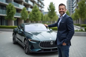 Homme souriant à côté d'une voiture stylée en ville