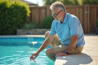 Homme testant l'eau de la piscine extérieure