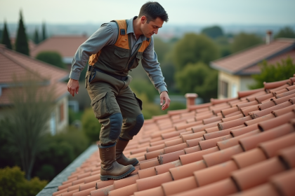 Homme d'âge moyen marchant sur un toit en tuiles en terre cuite