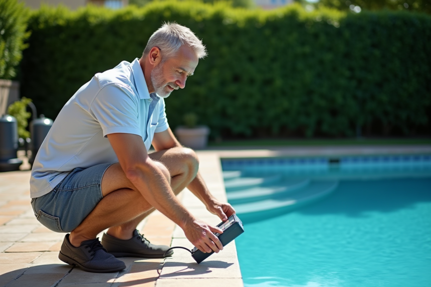 Homme vérifiant la qualité de l'eau de la piscine en été
