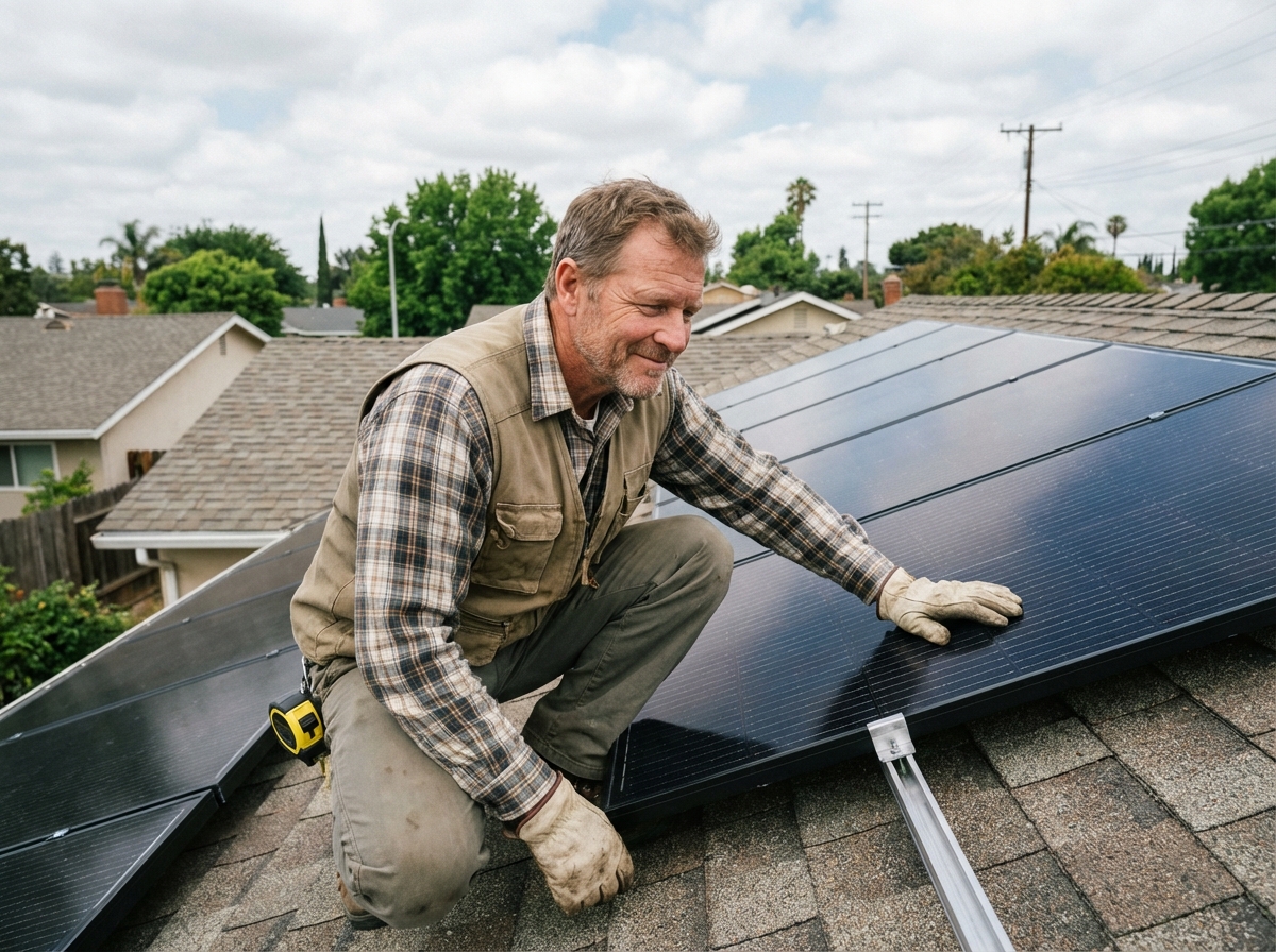 Homme inspectant panneaux solaires sur un toit résidentiel
