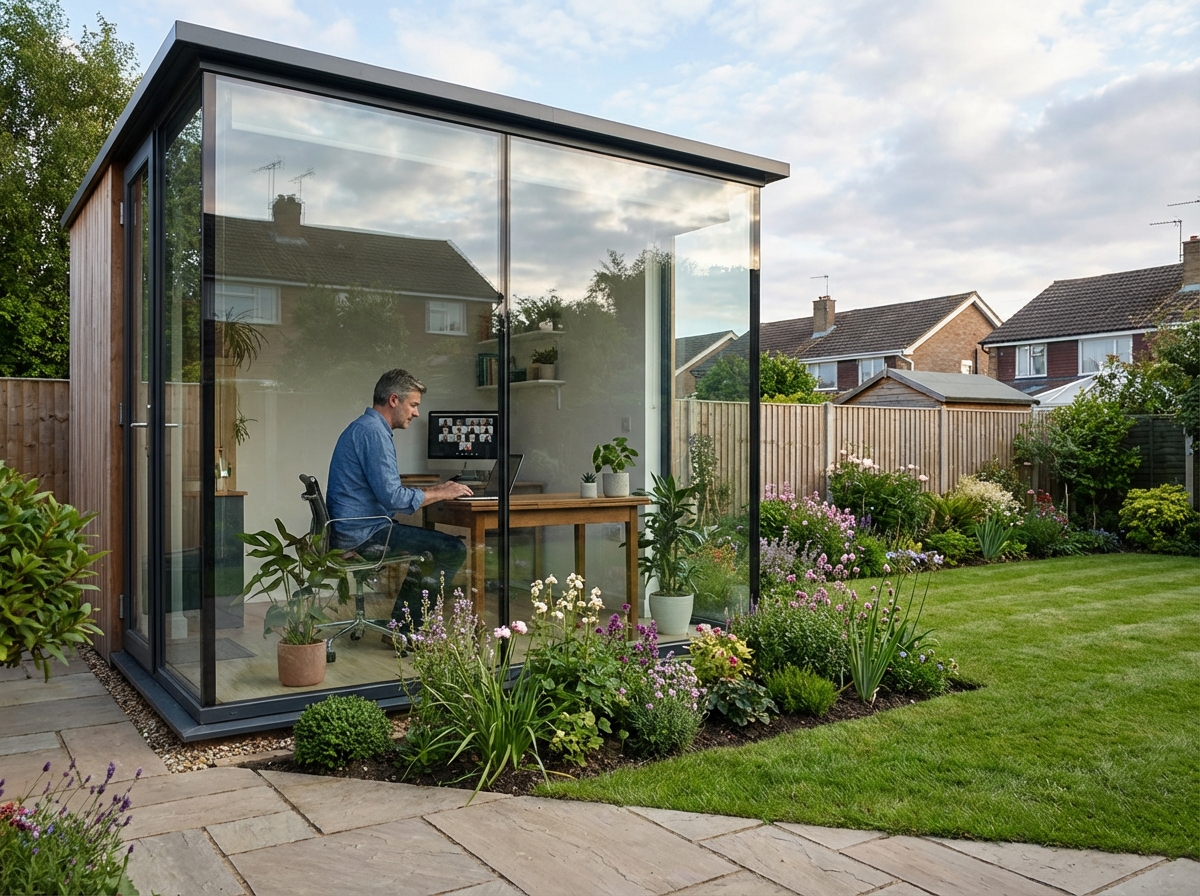 Homme en réunion vidéo dans un bureau jardin minimaliste