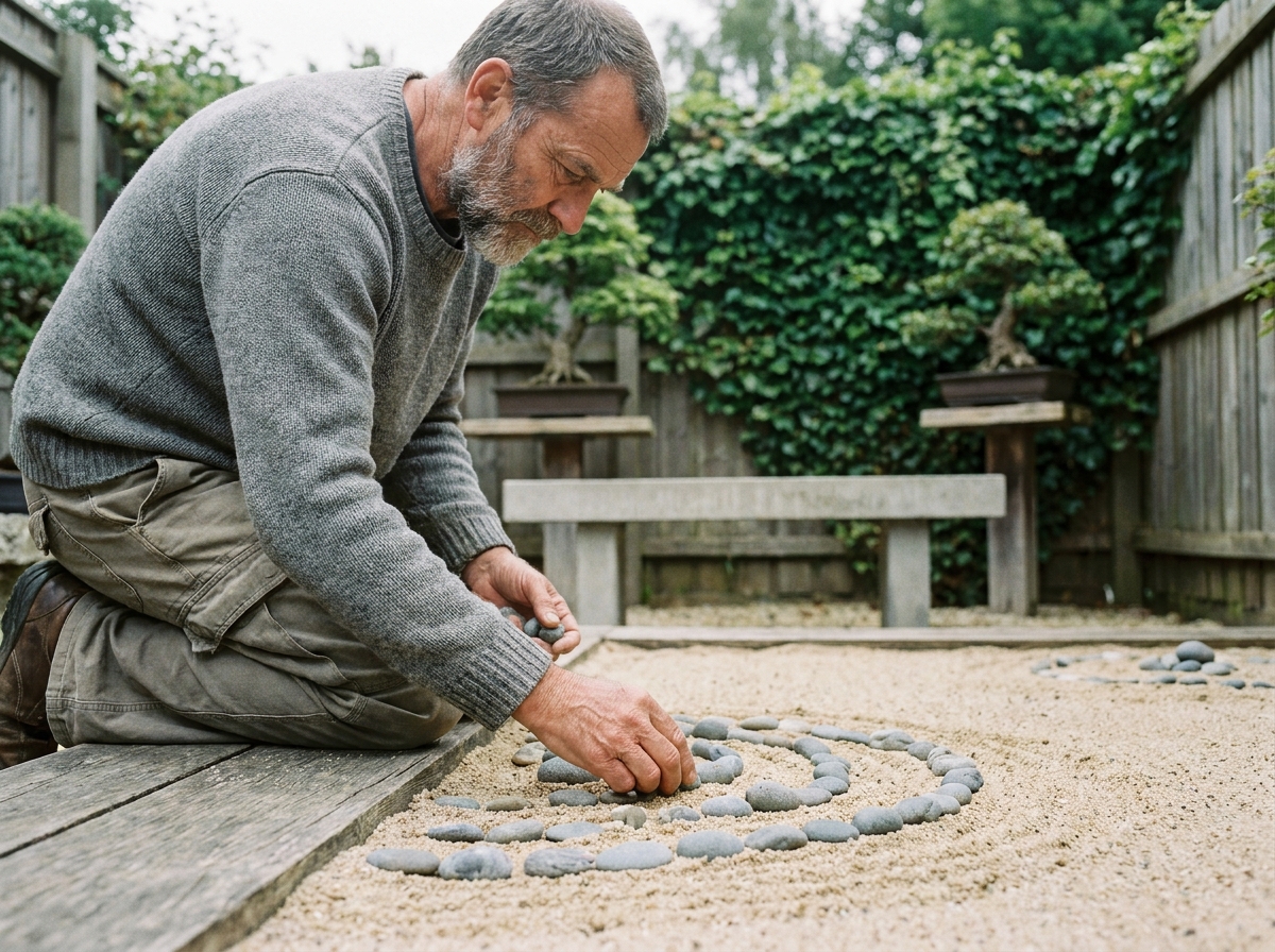 Homme arrangeant des cailloux dans son jardin zen