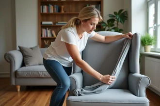 Femme installant une housse extensible grise sur un fauteuil crapaud dans un salon moderne