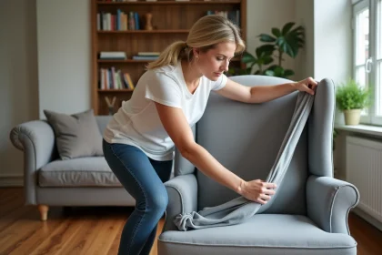 Femme installant une housse extensible grise sur un fauteuil crapaud dans un salon moderne