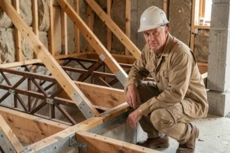 Ingénieur en construction inspectant des poutres POSI à âme ouverte dans une maison en chantier, mettant en valeur la structure en treillis métallique et bois