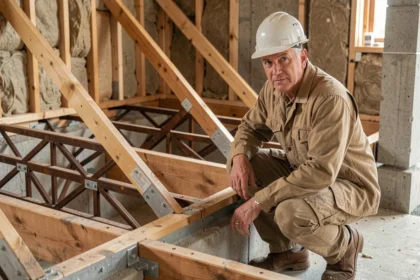 Ingénieur en construction inspectant des poutres POSI à âme ouverte dans une maison en chantier, mettant en valeur la structure en treillis métallique et bois