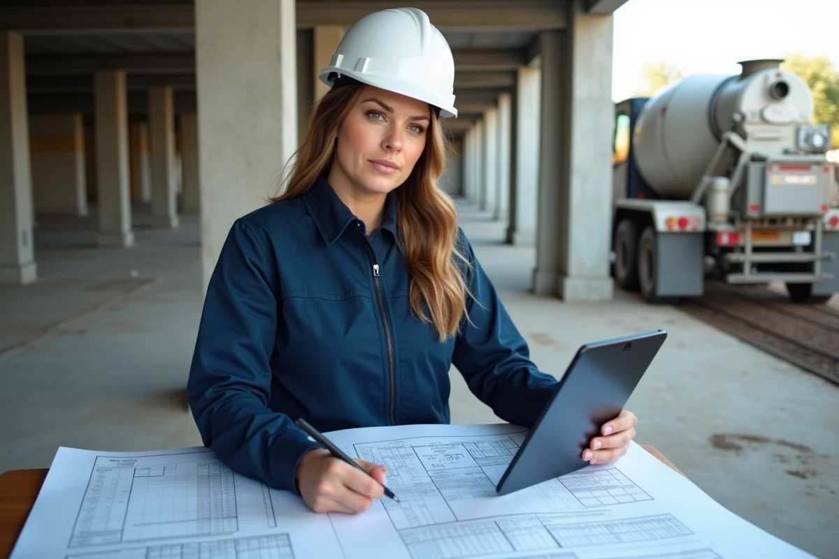 Ingénieure en génie civil consultant un calculateur de m3 de béton sur tablette sur un chantier