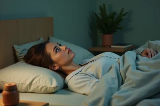 Femme adulte allongée éveillée dans une chambre aux murs vert sauge apaisant, illustrant l'insomnie et l'impact des couleurs de chambre sur le sommeil