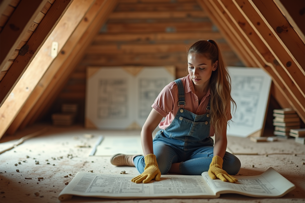 Jeune femme inspectant l’isolation dans un grenier