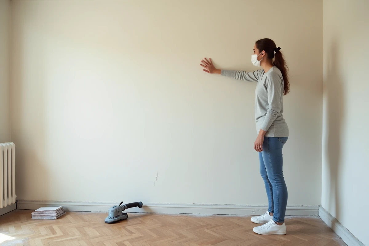 Femme inspectant la surface d'un mur enduit poncé lors de travaux de rénovation intérieure