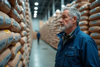 Homme d'âge moyen inspectant des sacs de pellets en entrepôt