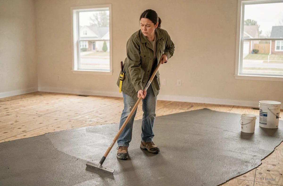 Spécialiste en rénovation inspectant un ragréage autonivelant irrégulier sur un plancher bois dans une pièce vide