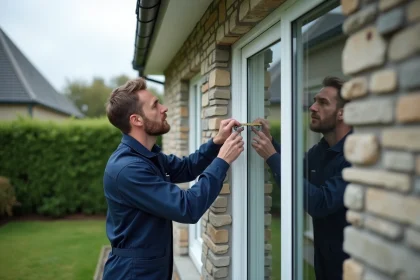 Installateur professionnel mesurant une grande baie vitrée en aluminium sur une maison en pierre bretonne