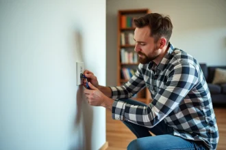 Homme installant une prise électrique dans un salon moderne