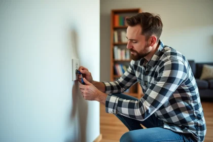 Homme installant une prise électrique dans un salon moderne