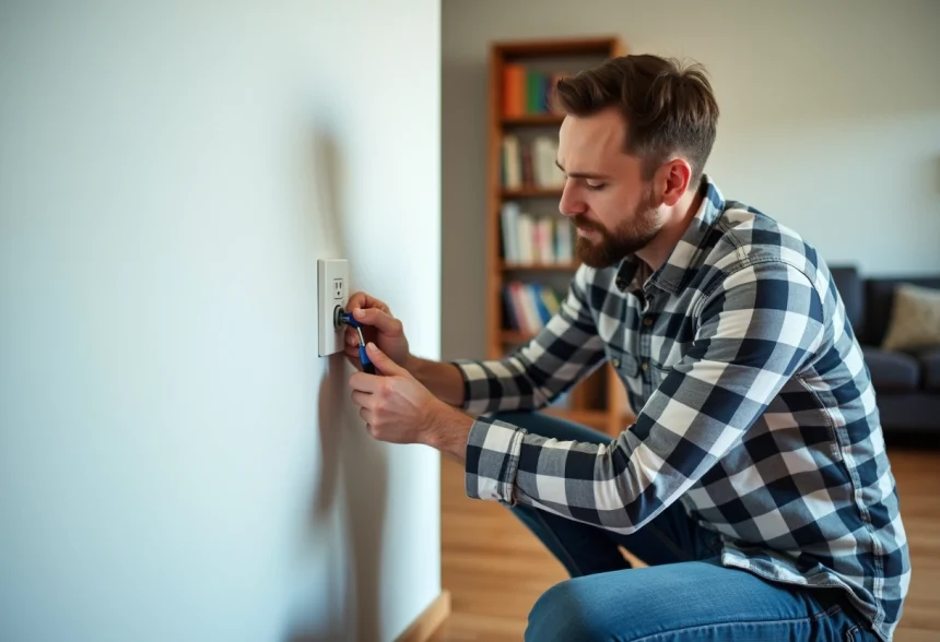 Homme installant une prise électrique dans un salon moderne
