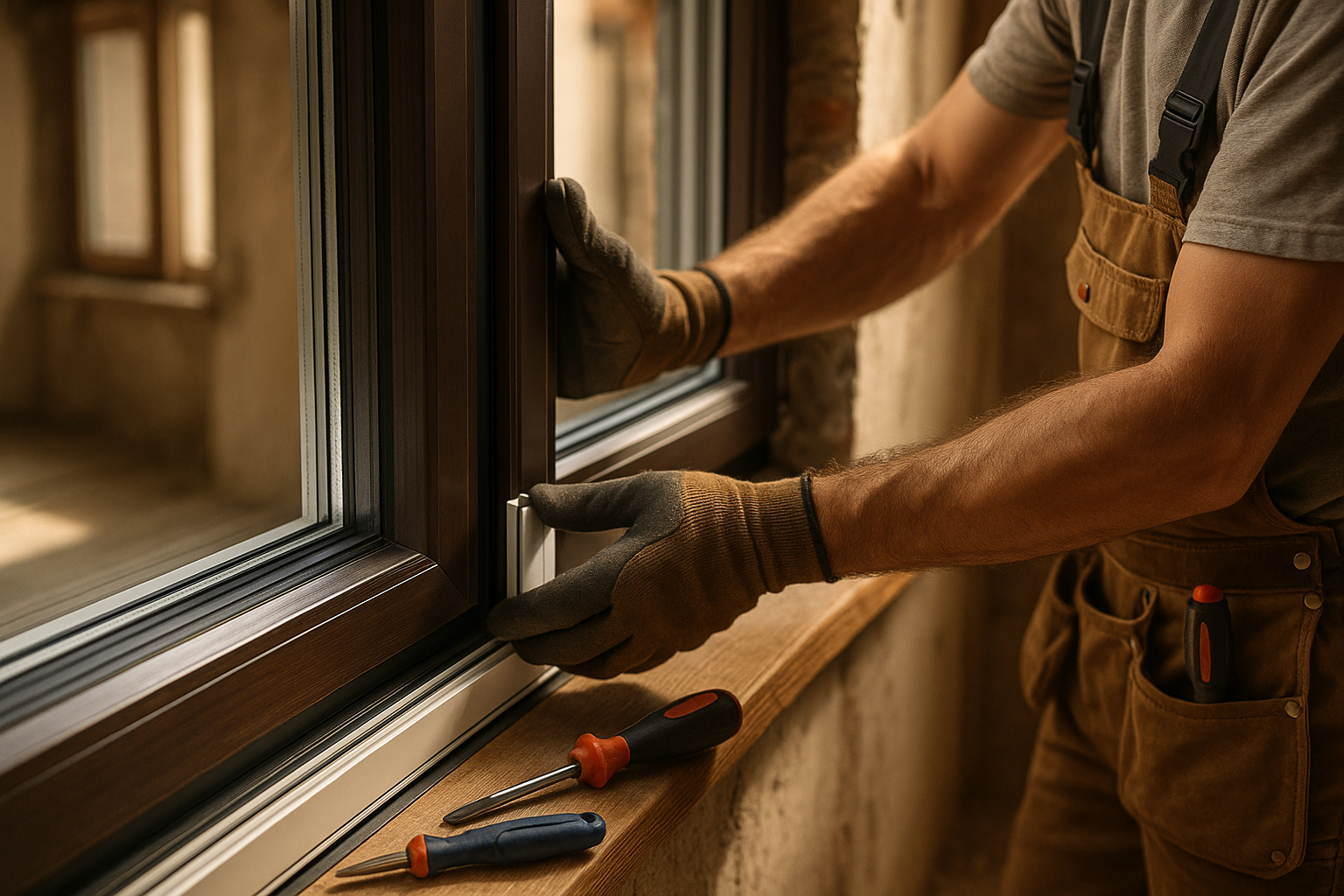 Artisan installant fenêtres isolantes en rénovation
