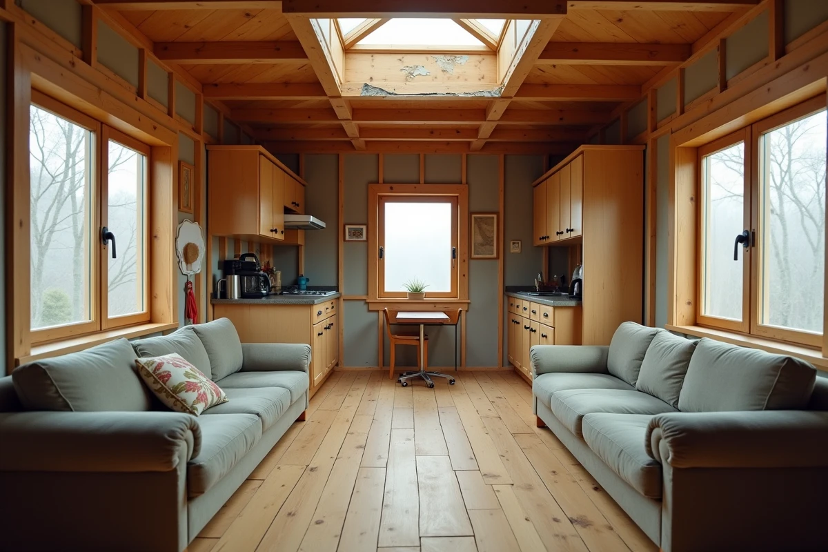 Intérieur d'un petit chalet bois de 20m2 mal aménagé avec des erreurs de planification spatiale, isolation visible et plancher gondolé