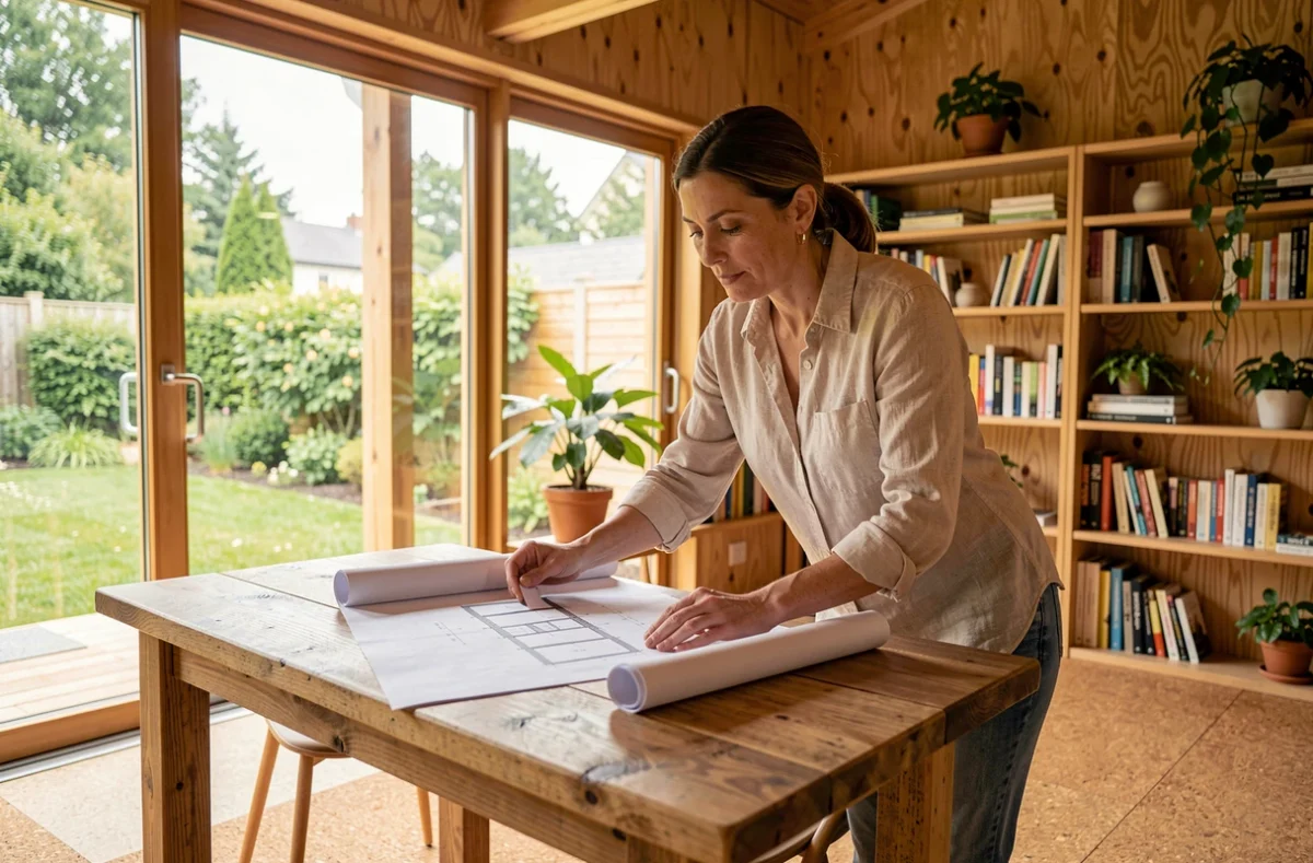 Femme consultant des plans d'architecture dans l'intérieur en bois d'une maison modulaire écologique