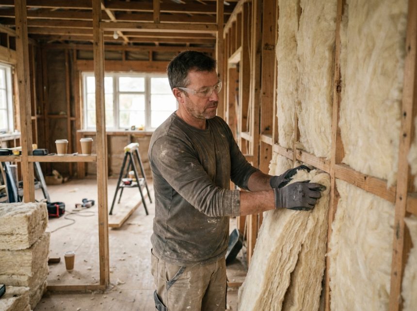Artisan posant de l'isolation en laine de mouton naturelle entre les montants d'un mur lors d'une rénovation écologique