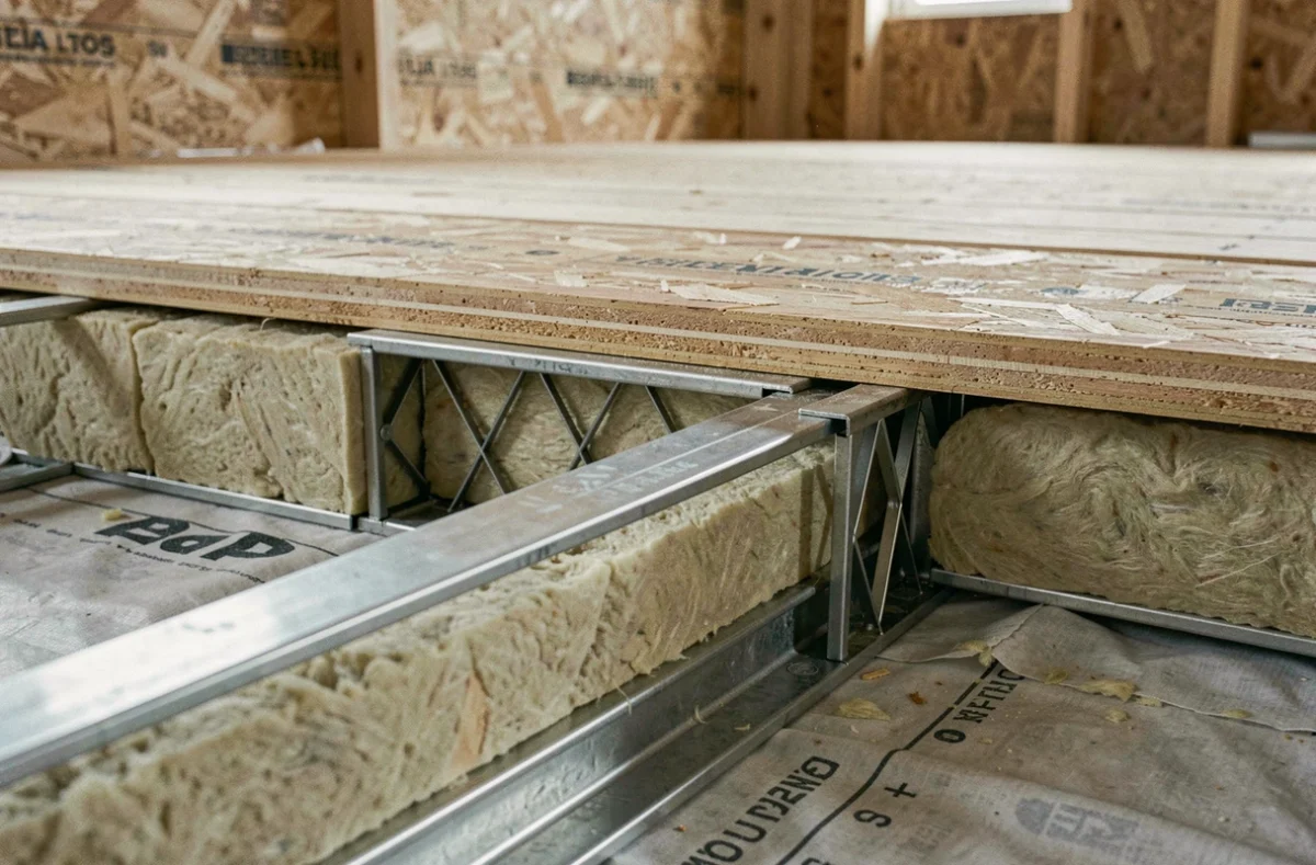 Détail de l'intégration d'isolant laine minérale entre les poutres POSI dans un plancher à haute performance thermique de maison passive
