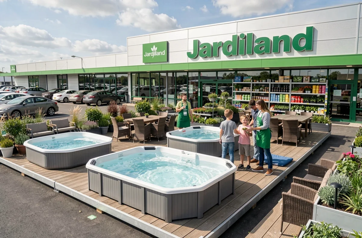 Espace piscines extérieur du Jardiland Barentin avec modèles exposés et conseiller accompagnant une famille