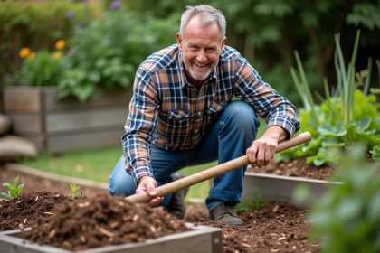 Homme en jardinage étalant du mulch dans un jardin