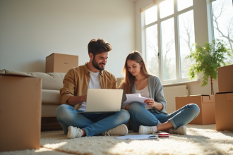 Jeune couple vérifiant leur budget avec un ordinateur dans un salon lumineux