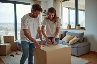 Jeune couple assembleur de meubles dans un appartement moderne