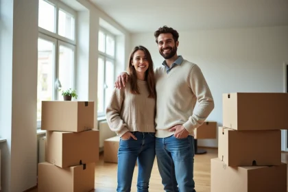 Jeune couple souriant dans un appartement lumineux à Brest