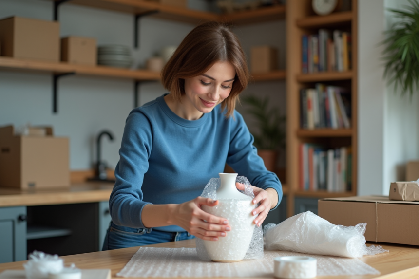 Jeune femme emballant une vase en céramique fragile