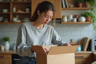 Jeune femme emballant vaisselle dans une cuisine chaleureuse