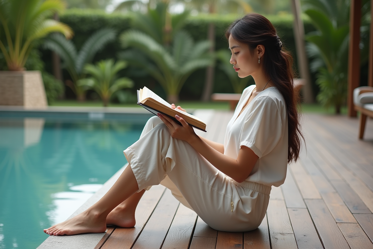 Jeune femme lisant sur la terrasse en bois composite au bord de la piscine