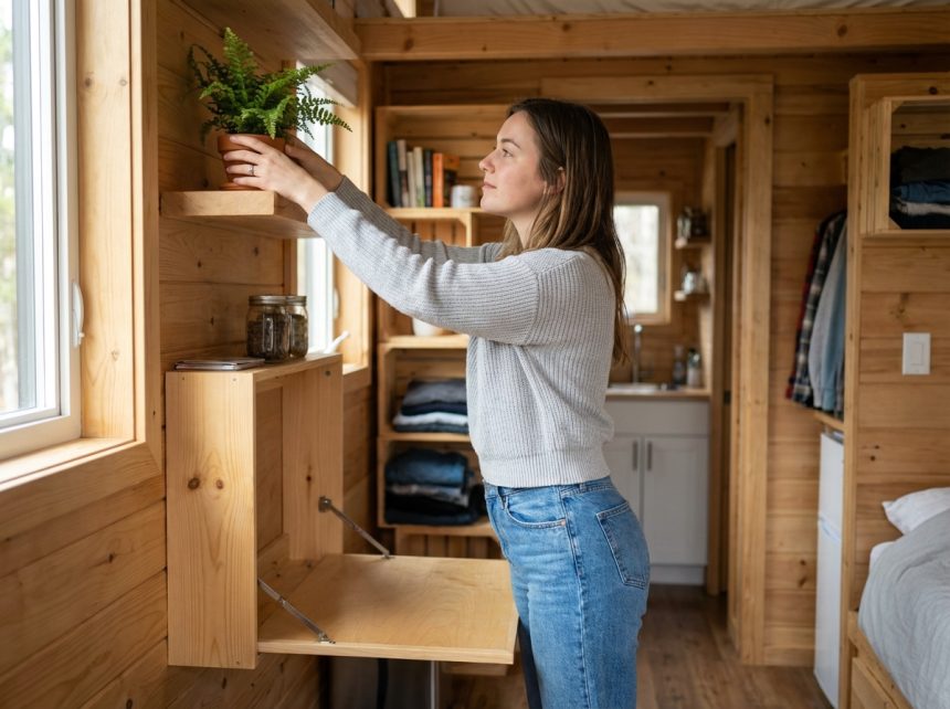 Jeune femme arrangeant des plantes dans un studio compact