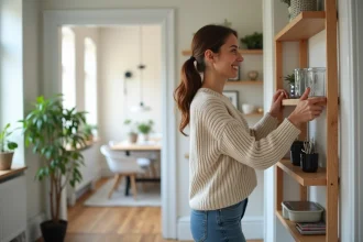 Jeune femme ajustant une étagère murale dans un salon scandinave