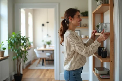 Jeune femme ajustant une étagère murale dans un salon scandinave