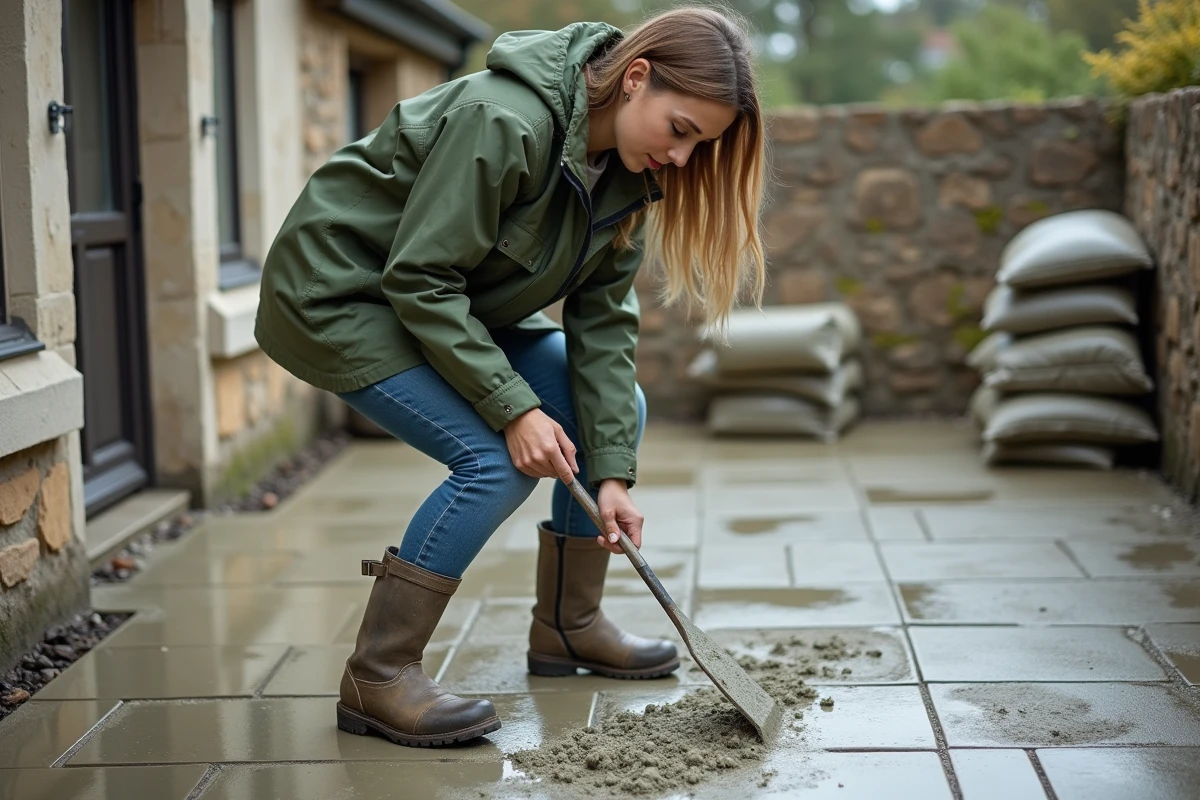 Jeune femme lissant du mortier sur une terrasse en construction